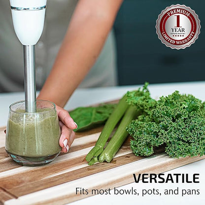 OVENTE Immersion Hand Blender, 300W Electric Handheld Portable Stick Mixer with 2 Mixing Speed and Stainless Steel Blades for Effortless Blending Smoothies, Shakes, Puree or Baby Food, White HS560W