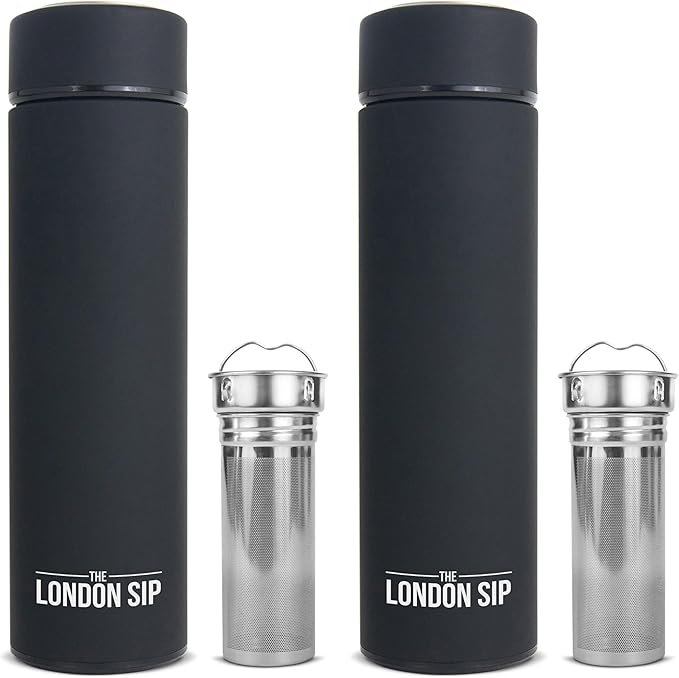 London Sip Multi-Purpose Travel Mug and Tumbler Fruit Infused Flask Hot and Cold Double Wall Stainless Steel Thermos with Extra-Long Infuser, Zen Black, Pack of 2