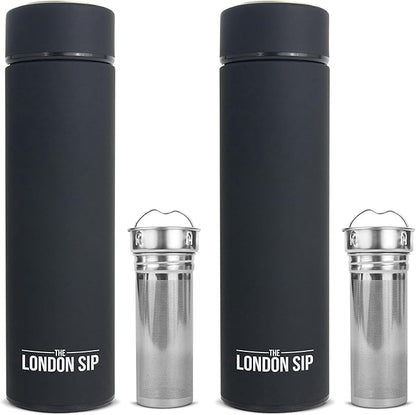 London Sip Multi-Purpose Travel Mug and Tumbler Fruit Infused Flask Hot and Cold Double Wall Stainless Steel Thermos with Extra-Long Infuser, Zen Black, Pack of 2