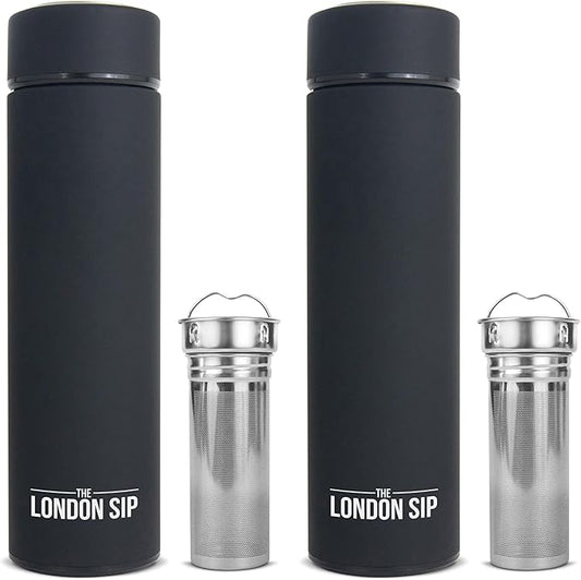 London Sip Multi-Purpose Travel Mug and Tumbler Fruit Infused Flask Hot and Cold Double Wall Stainless Steel Thermos with Extra-Long Infuser, Zen Black, Pack of 2