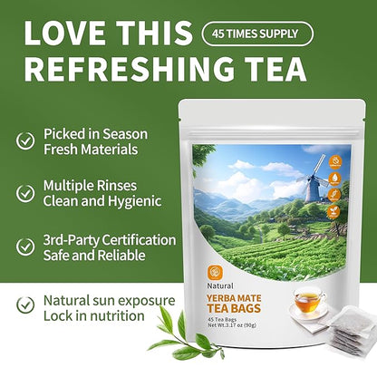 Yerba Mate Tea Bags 45 Tea Bags Organic -Supports Cardiovascular & Digestive Systems, Keep youth，with Madein.