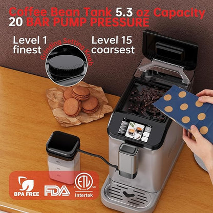 PioneerWorks Full Automatic Espresso Machine with Built-In Grinder & Milk Frother - FTF Touchscreen Coffee Maker for Latte/Cappuccino, 20 Bar Pressur & 1.5L Water Tank, 1350W, Grey