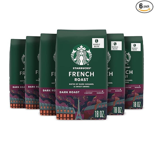 Starbucks Whole Bean Coffee, Dark Roast Coffee, French Roast, 100% Arabica, 6 bags (18 oz each)