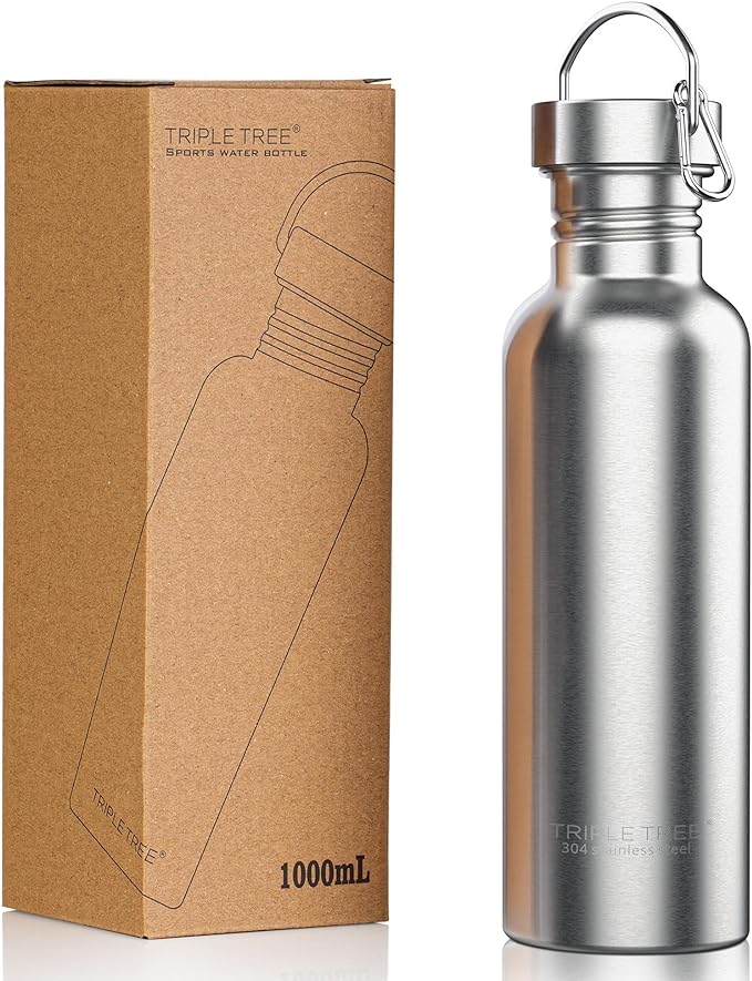 TRIPLE TREE 34 OZ Uninsulated Single Walled Stainless Steel Sports Water Bottle 18/8 Food Grade for Cyclists, Runners, Hikers, Beach Goers, Picnics, Camping - BPA Free