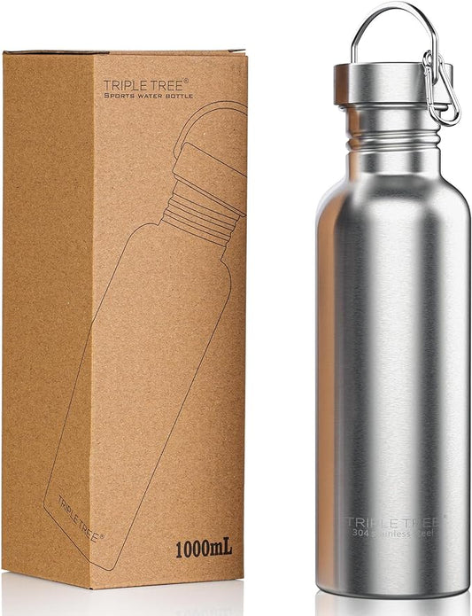 TRIPLE TREE 34 OZ Uninsulated Single Walled Stainless Steel Sports Water Bottle 18/8 Food Grade for Cyclists, Runners, Hikers, Beach Goers, Picnics, Camping - BPA Free