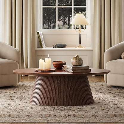 win2win Oval Coffee Table, Mid Century Modern Coffee Table with Fluted Design, Small Funky Tea Table with Wood Grain Veneer, Minimalist Center Table for Living Room, Apartment, Office, Walnut