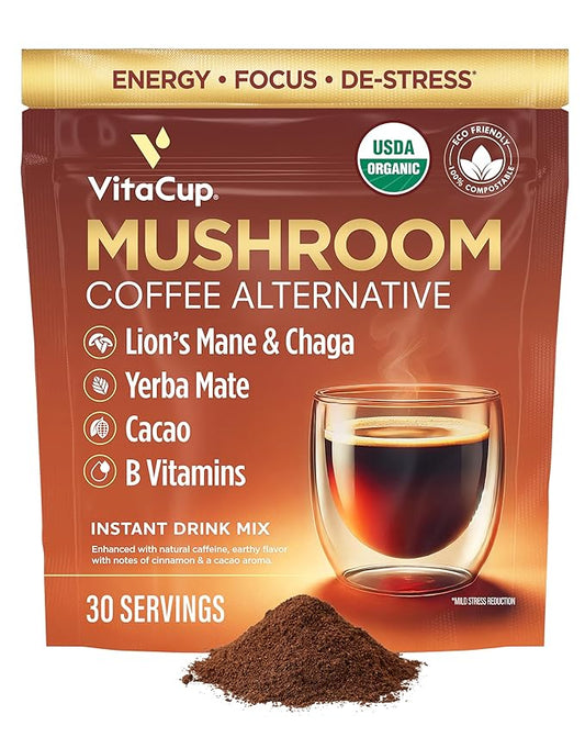 VitaCup Mushroom Coffee Alternative Instant Drink Mix | Mushroom Based Coffee Substitute for Natural Energy & Focus | Lion’s Mane, Yerba Mate, & Chaga | Cacao, Cinnamon, & B Vitamins | 30 Servings