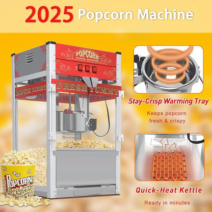 Popcorn Machine with Cart, 22oz Commercial Popcorn Maker Machine with Stainless Steel Kettle, Reject Kernel Tray, Warming Light and Steel Frame Tempered Glass Doors