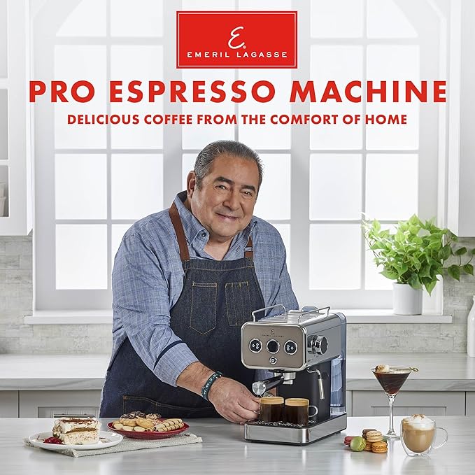Emeril Lagasse Semi-Automatic 15-Bar Pro Espresso Machine with Milk Frother Steam Wand, Stainless Steel Finish, Double Shot, 37oz Removable Water Tank, Auto Shut-Off, 1350W