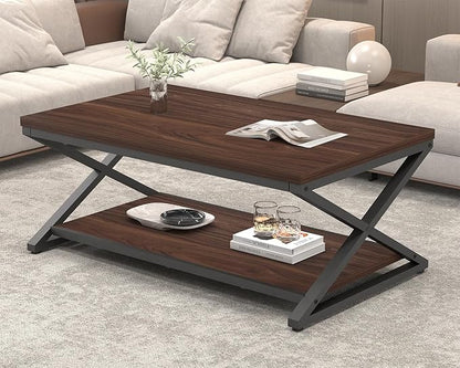 HSH Walnut 2 Tier Storage Coffee Table, Modern Rectangle Center Table for Living Room, Industrial Minimalist Wooden Metal Cocktail Tea Table, Home Office Rustic Simple Display Coffee Table, 39 Inch