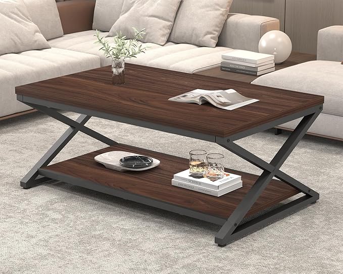 HSH Walnut Coffee Table for Living Room, Rustic Metal Wood Coffee Table with Storage Shelf, Modern Minimalist Rectangle Center Table, 2 Tier Simple Cocktail Tea Table in Home Office Bedroom, 47 Inch