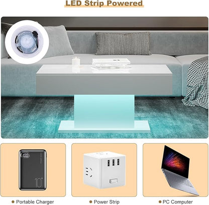 Led Coffee Table for Living Room, Living Room Table Rectangular Center Table, Modern High Glossy Wooden Coffee Tables with 16 Colors LED Lights for Dining Reception Room, White