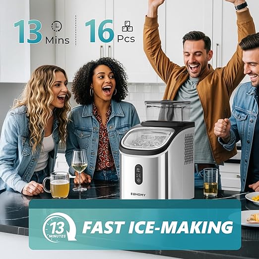EUHOMY Ice Cube Maker Machine Countertop with External Water Tank, 34Lbs, 16Pcs Ready in 13 Mins, 2 Ways to Add Water, Auto-Cleaning, with Ice Scoop & Basket, for Home/Kitchen/Office/Bar (Silver)