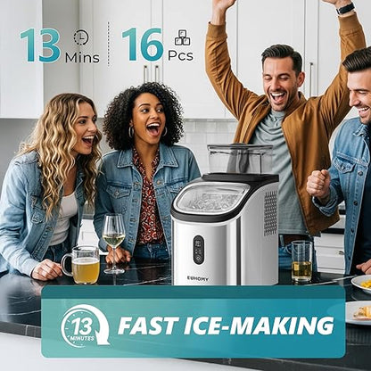 EUHOMY Ice Cube Maker Machine Countertop with External Water Tank, 34Lbs, 16Pcs Ready in 13 Mins, 2 Ways to Add Water, Auto-Cleaning, with Ice Scoop & Basket, for Home/Kitchen/Office/Bar (Silver)