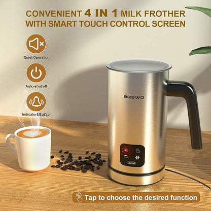 BIZEWO Milk Frother Electric, Warm and Cold Milk Steamer, 4 IN 1 Automatic Milk Warmer Stainless Steel with Touch Screen for Coffee, Latte, Macchiato, Cappuccino, Hot Chocolate