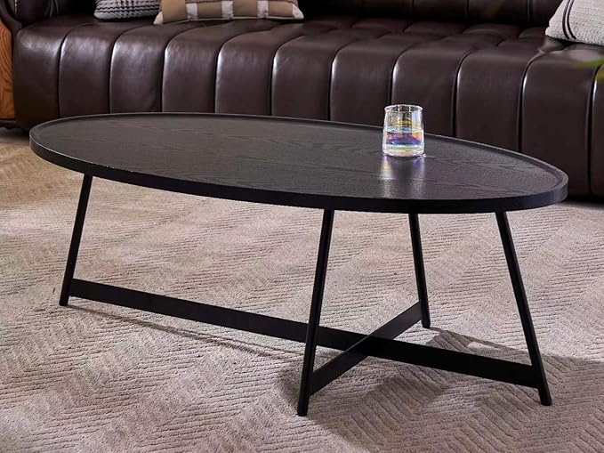 Shrine Wood Coffee Table, Walnut Table for Living Room, Metal Wood Table, 43.3" D x 21.6" W x 15.7" H, Black Wood Base & Metal Frame