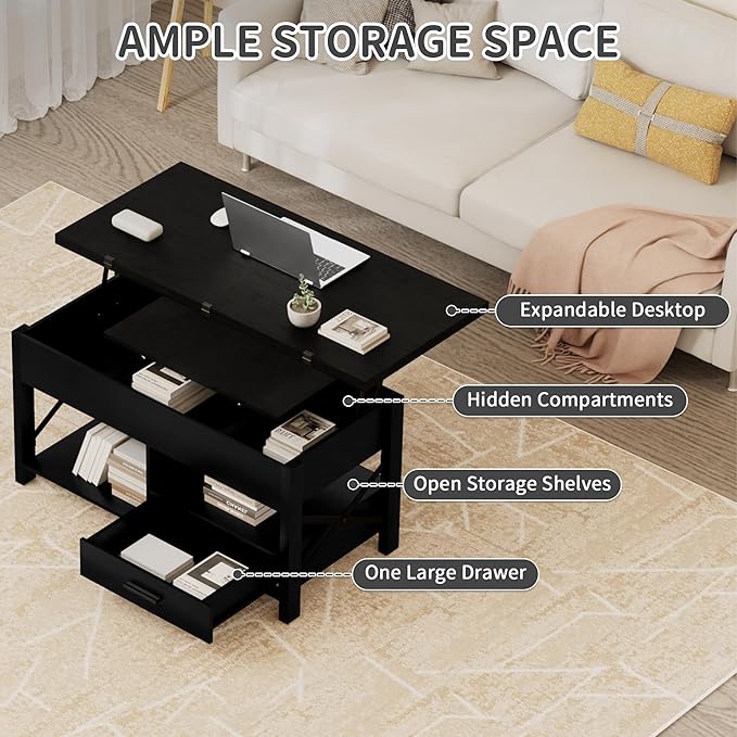 Lift Top Coffee Table with Storage, Black Lift Top Coffee Table with Drawers&Hidden Compartment, Multi-Functional Center Table, Convertible Coffee Tables into Dining Table for Home Living Room Office