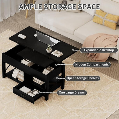 Lift Top Coffee Table with Storage, Black Lift Top Coffee Table with Drawers&Hidden Compartment, Multi-Functional Center Table, Convertible Coffee Tables into Dining Table for Home Living Room Office