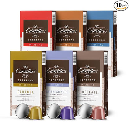Camilla’s Heritage - Intensity 8 Flavored Espresso Coffee Variety Pack (Caribbean Spice, Cinnamon, Hazelnut, Chocolate, Caramel & Vanilla Espresso Cups) 60 Coffee Pods