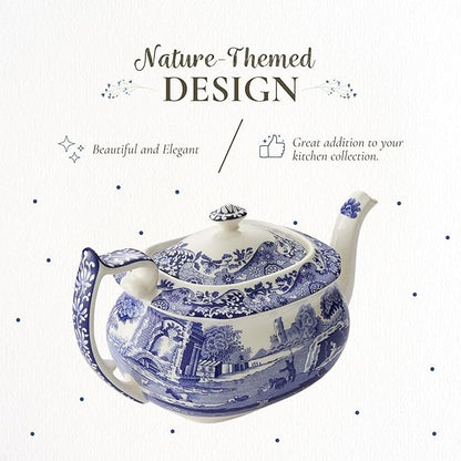 Spode Blue Italian Teapot with Infuser - 40 oz Countryside-Inspired Ceramic Teaware for Afternoon Tea, Earthenware Brunch Tableware, Vintage-Inspired Tea Party Hosting