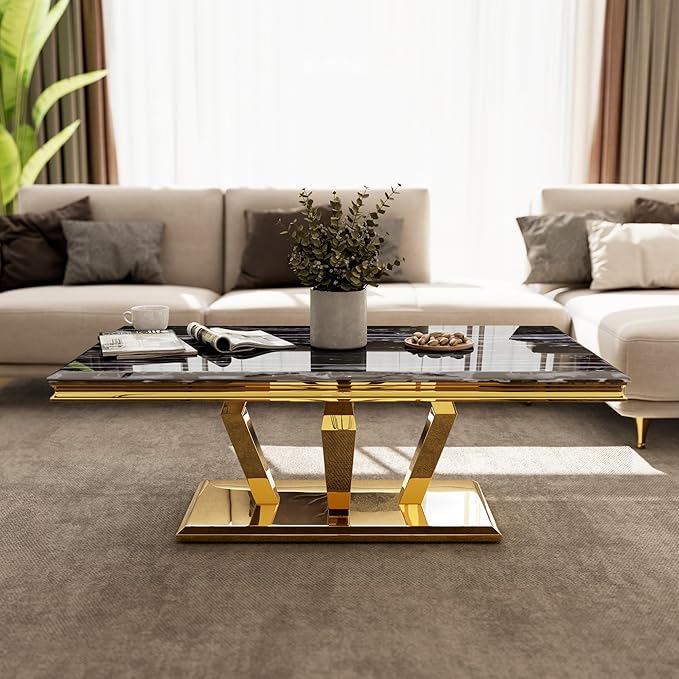 3 Piece Living Room Table Set of 3, Luxury Black and Gold Coffee Table Set with Console Table and End Table for Home Office 1Coffee+1Console+1End