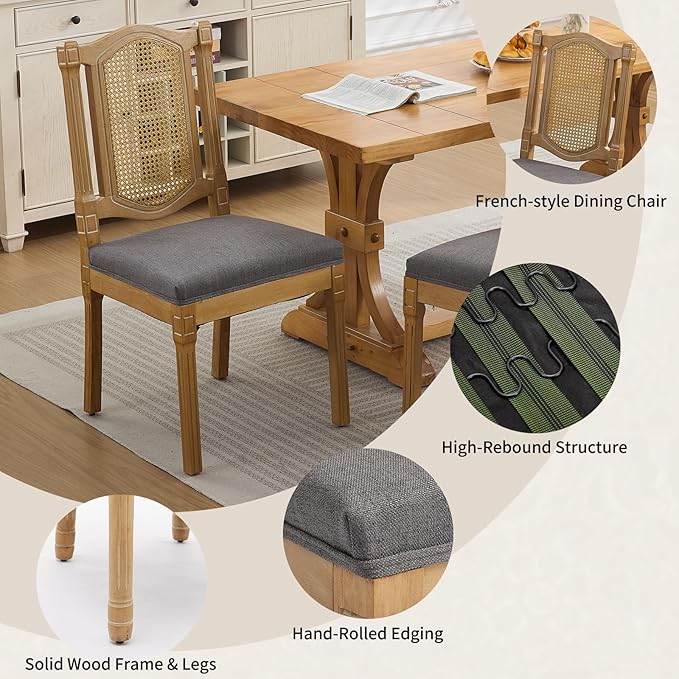 Vintage French Country Dining Room Chairs Set of 8, Rattan Dining Chairs with a Designer Backrest, Upholstered Dining Chair, Sillas para Comedor, Kitchen & Dining Room Chair (Gray, Rattan, 8Pcs)