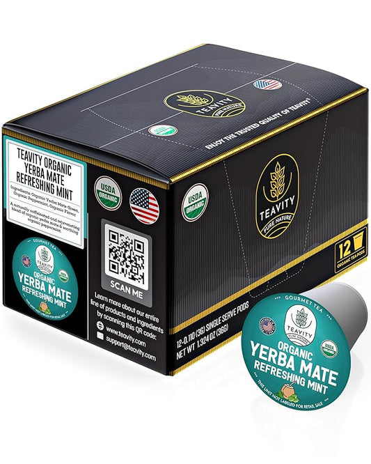 Organic Yerba Mate Refreshing Mint Tea Pods - Naturally Caffeinated Yerba Mate Tea Pod for Keurig Brewers by Teavity (12 Tea Pods)