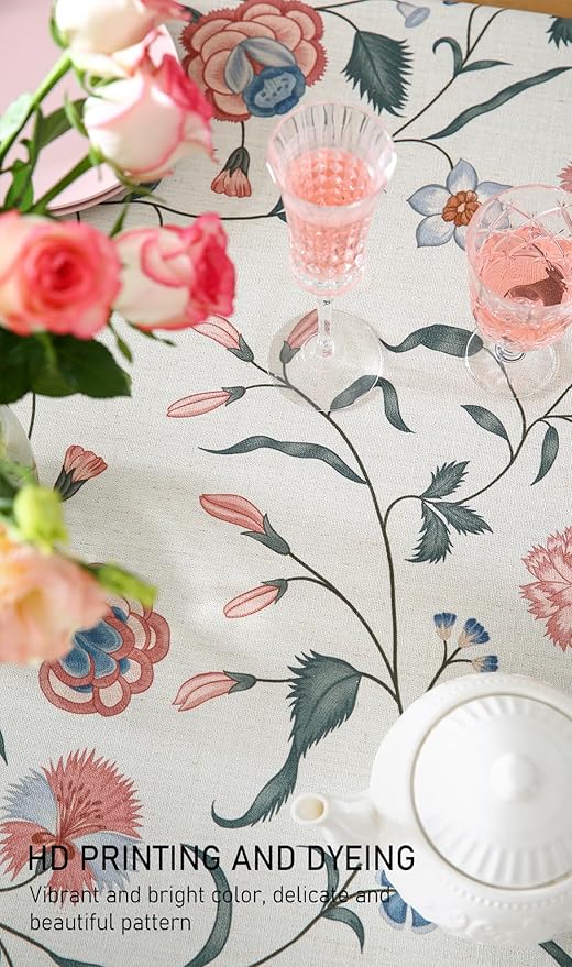 Designer Chinoiserie Linen Floral Extra Long Tablecloth Rectangle,White Wrinkle Resistant Table Cloth,Elegant Decor Tablecloths for Dining Thanksgiving Kitchen Party,63"*110"-Daffy