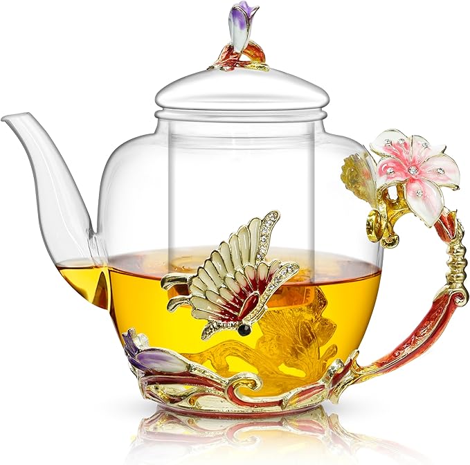 Lily Flower Enamel Glass Teapot - 46oz/1300ml, Floral Teapot With Removable Loose Tea Leaf Infuser