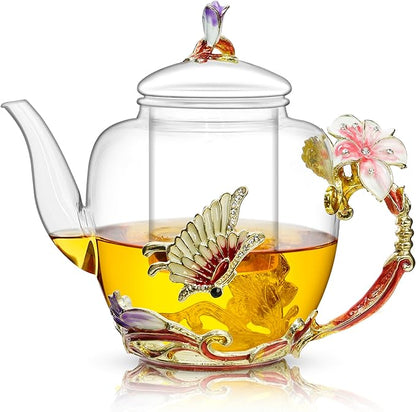Lily Flower Enamel Glass Teapot - 46oz/1300ml, Floral Teapot With Removable Loose Tea Leaf Infuser