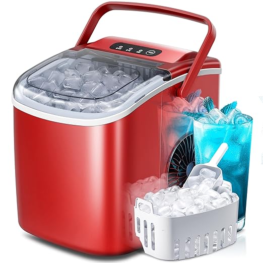 Countertop Portable Ice Maker Machine with Handle, 9 Bullet-Shaped Ice Cubes Ready in 6 Mins, 26Lbs/24H, Self-Cleaning Function with Ice Scoop and Basket for Home/Kitchen/Party (Red)
