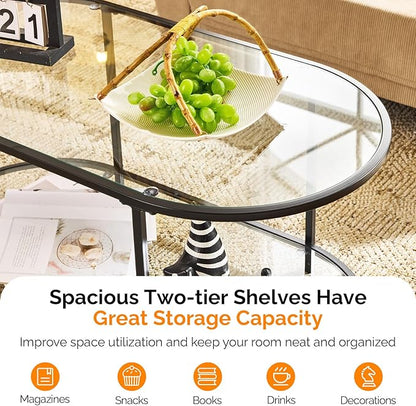 VINGLI Glass Coffee Table, 38" Oval Coffe Table for Home Decor, Modern Tea Table with 2-Tier Storage, Skinny Coffee Tables for Living Room, Office, Small Space, Black