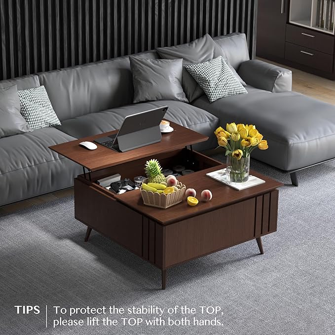 Lift Top Coffee Table with Storage,Large Square Coffee Tables for Living Room,Mid Century Modern Center Table for Home Office, Dark Walnut