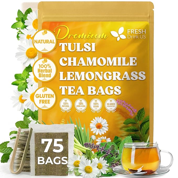 FreshDrinkUS, Premium 75 Tea Bags Tulsi Chamomile Lemongrass Herbal Tea | Blend with Holy Basil, Chamomile Flowers & Lemongrass Leaves – Naturally Caffeine-Free, Soothing Herbal Infusion. Vegan