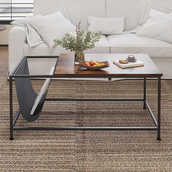 SENIG Brown Rectangle Wood and Metal Coffee Table with Storage Shelf for Small Living Rooms with Pocket