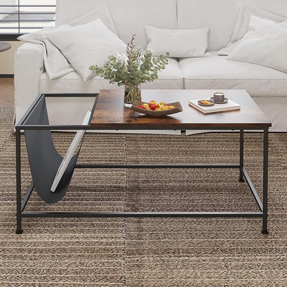 SENIG Brown Rectangle Wood and Metal Coffee Table with Storage Shelf for Small Living Rooms with Pocket