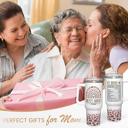 Mom Gifts for Women Mom Nutrition Facts Tumbler Stainless Steel 40oz with Handle Insulated Travel Cup Best Mom Ever Coffee Cup, Mother's Day Christmas Birthday Gifts from Son Daughter