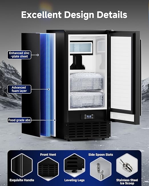 Commercial Ice Machine, Under Counter Ice Maker 66 Lb/Day, Built-in Freestanding Nugget Ice Maker with 2-Drawer Ice Baskets, Auto-Cleaning & 24H Timer, for Commercial & Home Use(Black)