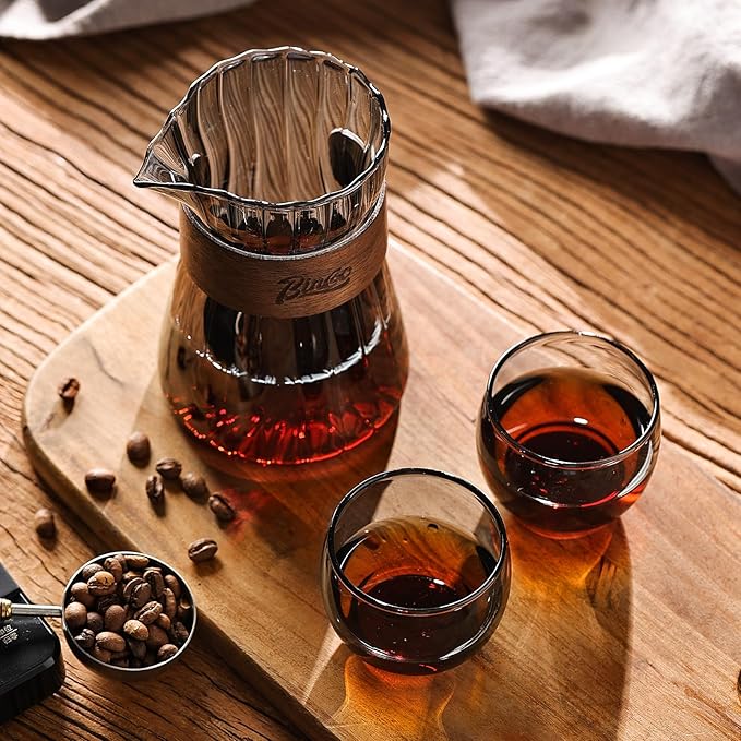 Small Glass Coffee Server 16oz - Glass Pour Over Coffee Carafe Coffee Maker with Heat-Resistant Wood Ring, Mess-free Pouring