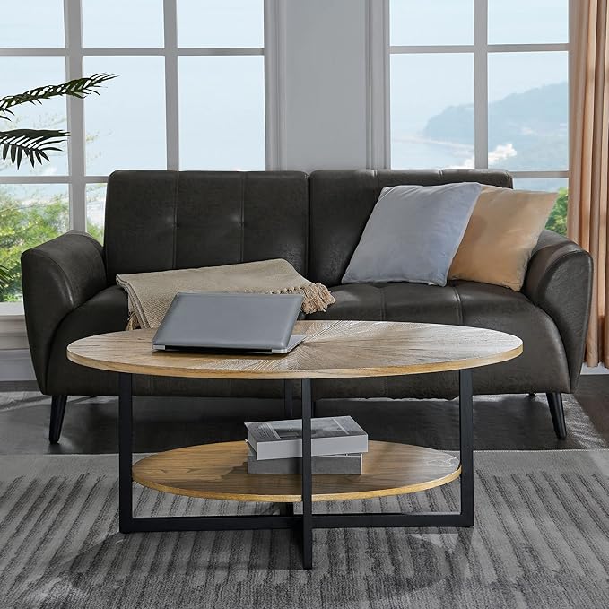 Solid Wood Oval Coffee Table with Cross Metal Legs, 43.3in Modern Industrail Center Table with Open Shelf Cocktail Tea Table for Living Room Bedroom, Rustic Nature 1811
