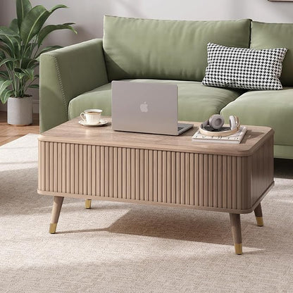 Lift Top Coffee Table, Mid Century Modern Coffee Table with Hidden Compartment, Fluted Lift Tabletop Center Table for Living Room, Home Office, Oak