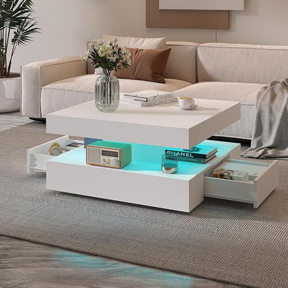 White LED Coffee Table with 2 Storage Drawers for Living Room Square Center Middle Table Modern Cocktail Table with Light 2-Tier Tea Tables Contemporary Mid Century Wood Home Office Waiting Room