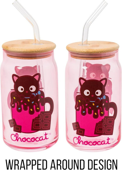 Silver Buffalo Sanrio Hello Kitty & Friends Chococat Chocolate Pink Glass Jar Tumbler with Bamboo Lid and Glass Straw, 16 Ounces