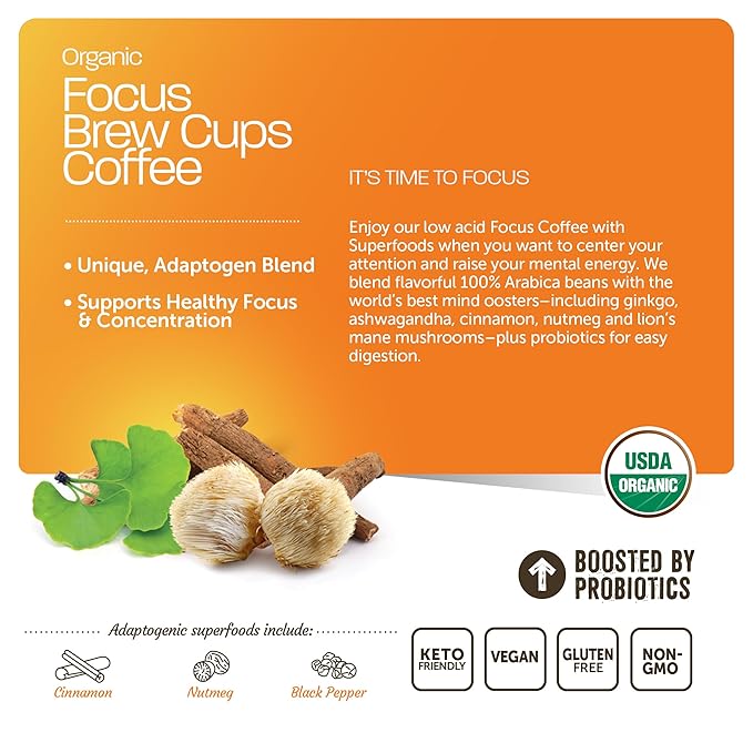 Focus Coffee with Superfoods - Organic Probiotic Mushroom Coffee Pods, Supports Healthy Focus & Digestion, Infused with Ashwagandha, Lion's Mane, and Cinnamon - 10 Recyclable Single Serve K-Cups