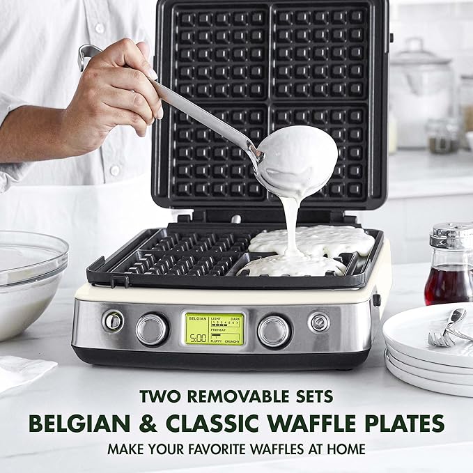 GreenPan Elite 4-Square Belgian & Classic Waffle Maker,Healthy Ceramic Nonstick Dishwasher Safe Plates, Adjustable Shade/Crunch Control, Wont Overflow, Easy Cleanup Breakfast, PFAS-Free, White