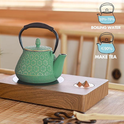 Cast Iron Teapot, 32oz Tea Kettle with Infuser for Stove Top, Sakura Blossom Pattern Japanese Tea Pot for Tea & Coffee Coated with Enameled Interior, Silicone Handle 950ml Green