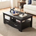 Load image into Gallery viewer, LINSY HOME Farmhouse Coffee Table with Storage, Wood Coffee Table for Living Room, Open Display Area and Storage Drawers with Metal Handles, Chic Style with Curved Base, Black
