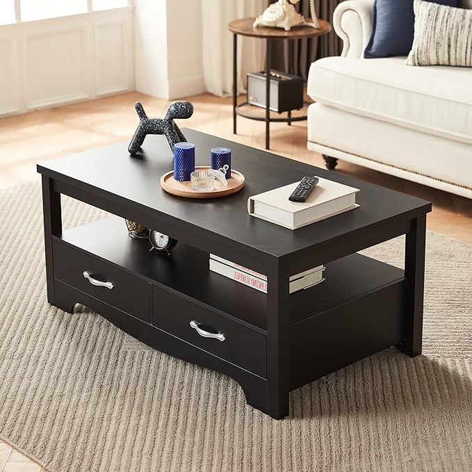 LINSY HOME Farmhouse Coffee Table with Storage, Wood Coffee Table for Living Room, Open Display Area and Storage Drawers with Metal Handles, Chic Style with Curved Base, Black