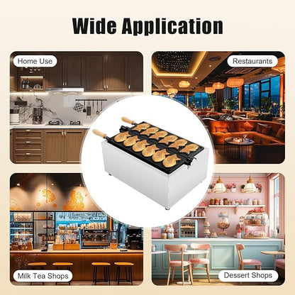 Taiyaki Fish Waffle Maker, 6PCS Electric Fish-Shaped Mold Baker 2400W Stick-Resistent Stainless Steel Commercial Waffle Iron Baker Machine for Restaurant Cafe Snack Shop Food Stall