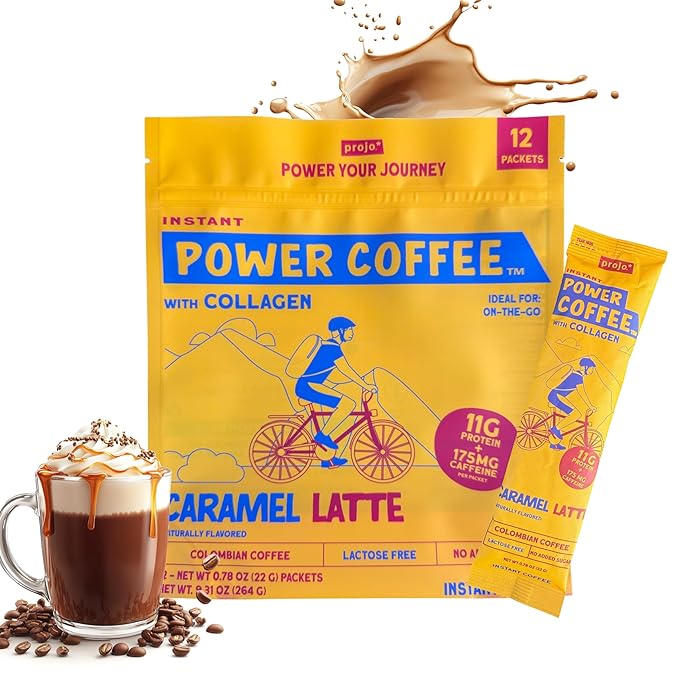 Projo* Power Coffee – Instant Coffee with 11g Protein – Grass-Fed Hydrolyzed Bovine Collagen & 175mg Caffeine – Caramel Latte Flavor – Organic – Energy Support – 12 Single-Serve Packets